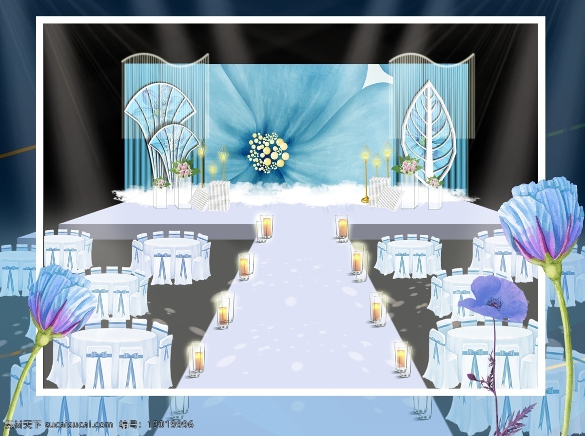 蓝色 婚礼 效果图 蒂芙尼蓝 叶子 舞台 仪式区 花 桌子 椅子 蓝色舞台 花杂 工装效果图 室内设计
