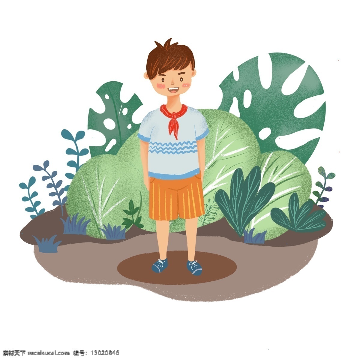 小学生 卡通 形象 小男 生 人物 卡通人物 红领巾 植物 人物元素 卡通小学生 人