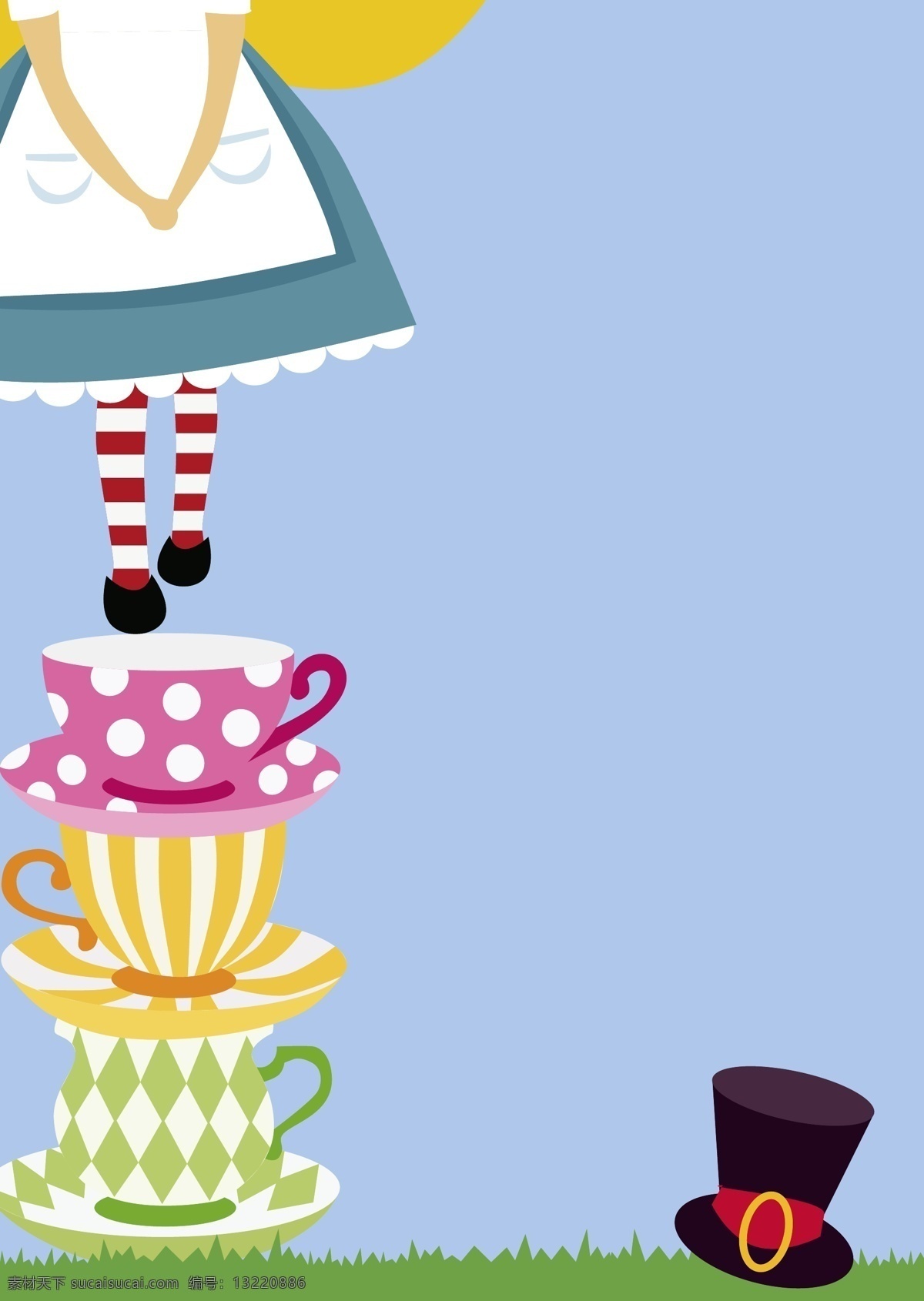 爱丽丝 生日 快乐 插画 茶杯 金发 卡片 卡通 礼帽 女孩 生日快乐 矢量图 手绘 童趣