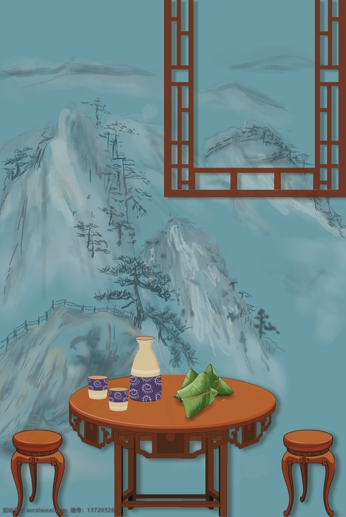 复古 中国 风 端午节 粽子 端午 酒 山水 海报 背景 中国风 端午酒 水墨山水 海报背景 五月初五 粽子节 传统节日