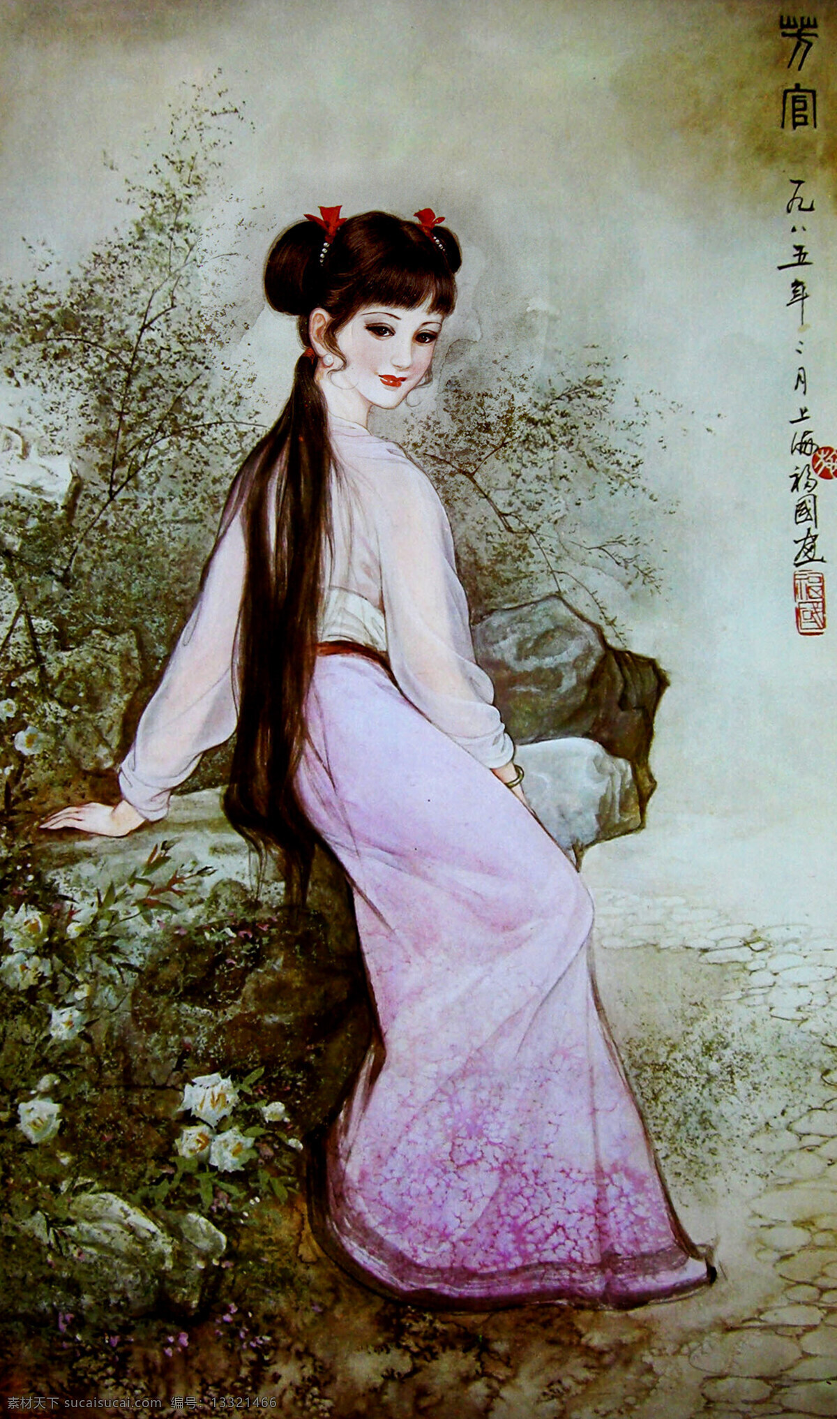 红楼 十 二 官 芳 美术 绘画 中国画 工笔重彩画 彩墨画 古代仕女 红楼梦人物 芳官 青春 漂亮 美丽 发型 服饰 动作 表情 花园 花草 石头 花朵 国画艺术 工笔画 仕女 集锦 绘画书法 文化艺术