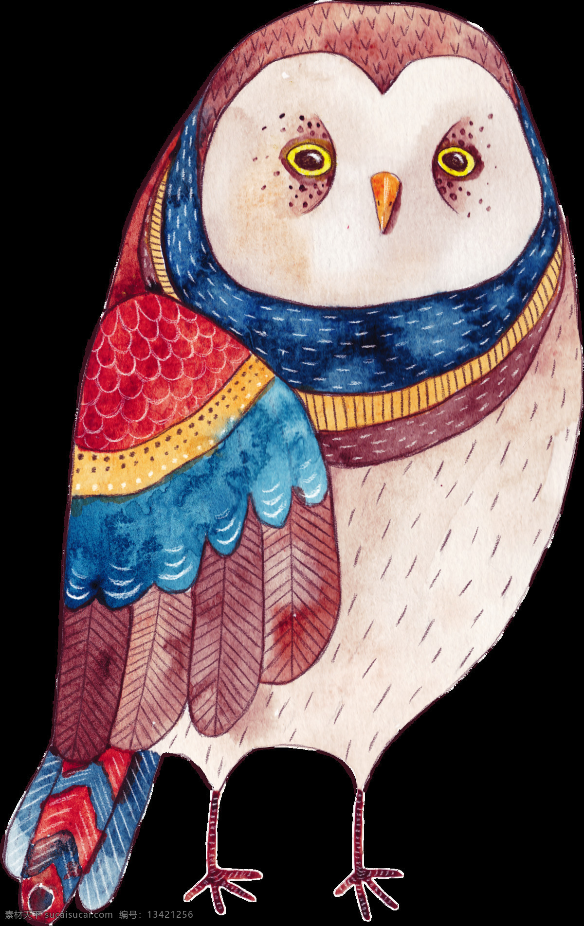 彩色 手绘 胖 嘟嘟 可爱 猫头鹰 透明 动物 红色 蓝色 免扣素材 透明素材 羽毛 装饰图片
