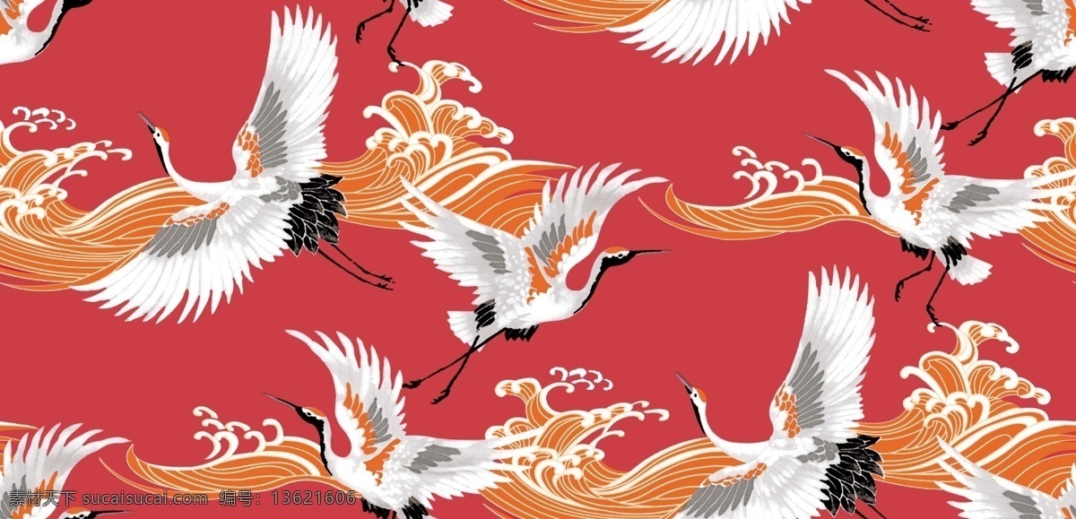 云彩 鹤 飞鹤 鸟 飞鸟 波浪 印花 红花 服装设计