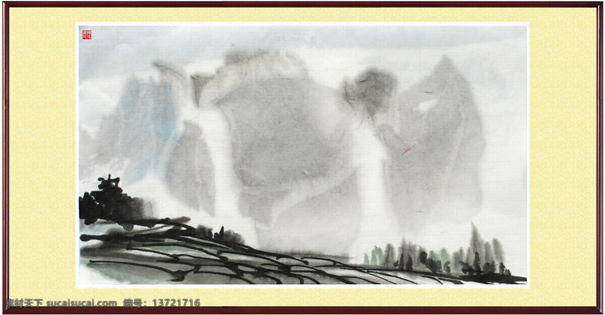 高山 国画山水 绘画书法 群山 山 山峰 山坡 山水画 高山田园 中国画 纸本设色 远山 云雾 树林 杂树 田园 早晨 印章 陈强 国画作品 文化艺术 装饰素材 雕刻 图案