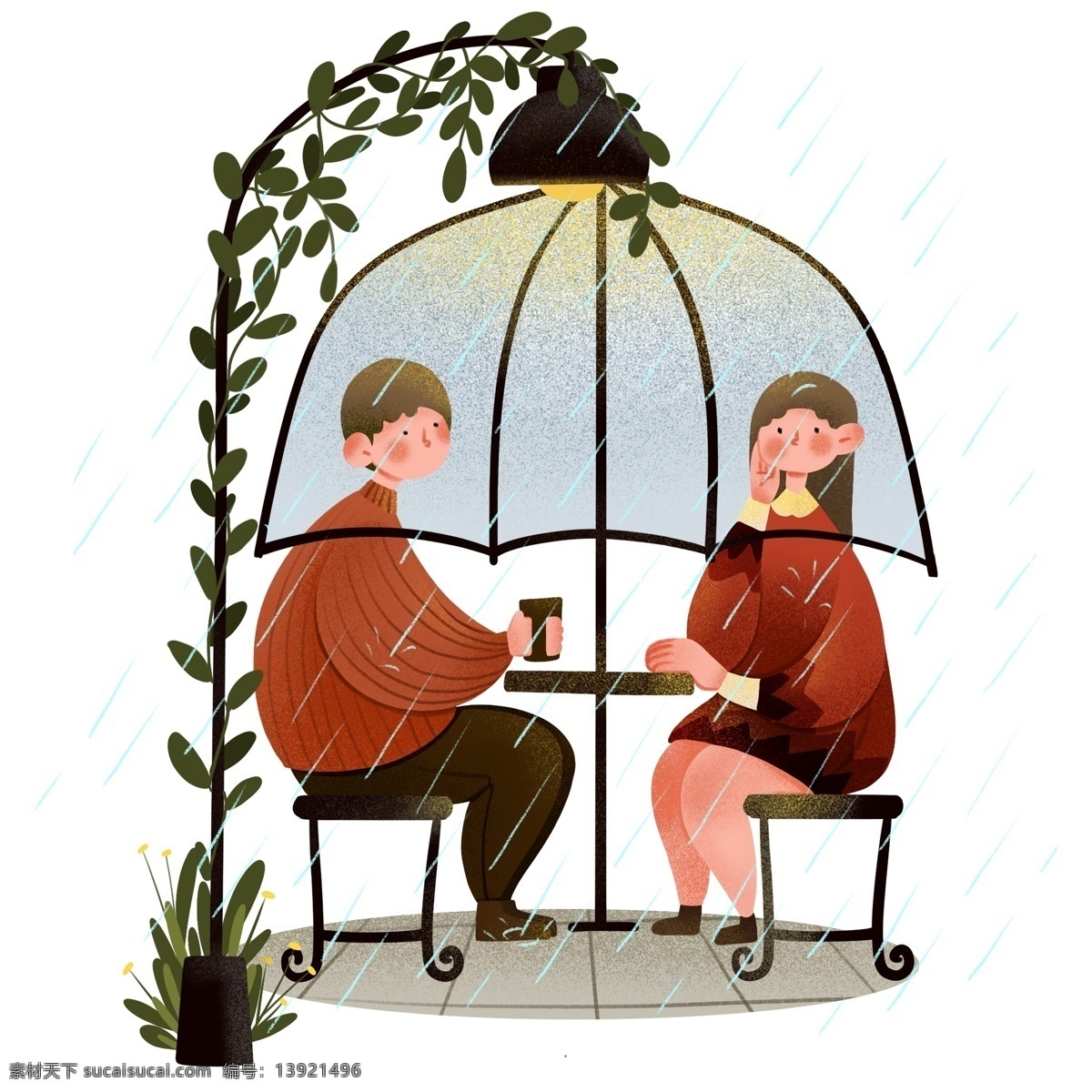 谷雨 喝茶 情侣 插画 谷雨人物插画 喝茶的情侣 白色的雨伞 绿色的叶子 黑色的台灯 卡通人物