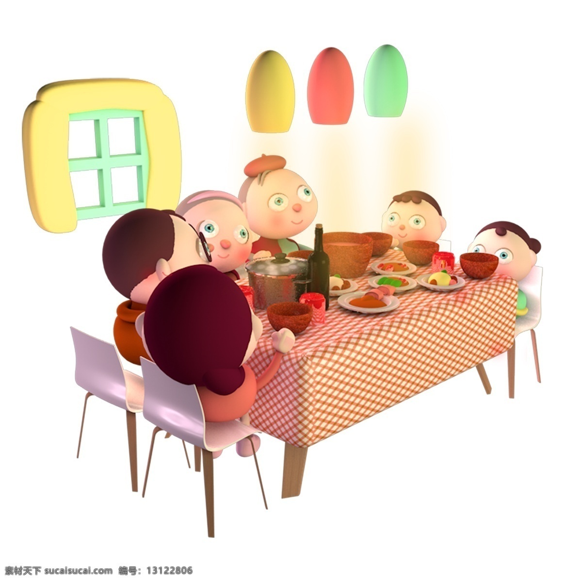 春节 节庆 除夕 全家 团圆 年夜饭 三维 立体 人偶 可爱 家庭 插画 卡通 家人 家 孩子 少儿 元素 免抠图 节日 饭桌 食物 吃饭 祖孙 爷爷 奶奶 老人 夫妻 生活 快乐 幸福 场景