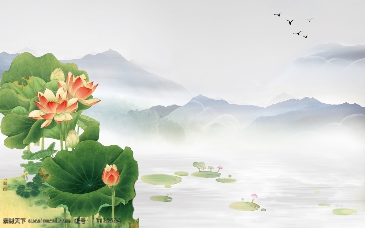 荷花 中式 水墨 山水 玄关 屏风 电视 背 电视背景墙 底纹