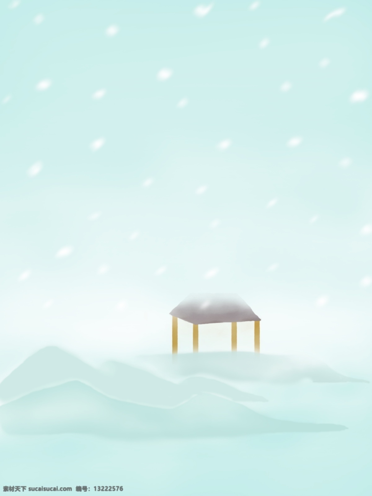 二十四节气 冬至 彩绘 背景 下雪 亭子 青山 绿水 白色