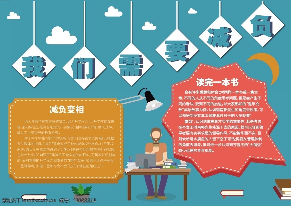 简约 卡通 我们 需要 减负 小报 手 抄报 蓝色 我们需要减负 减压 压力 工作 书 月亮