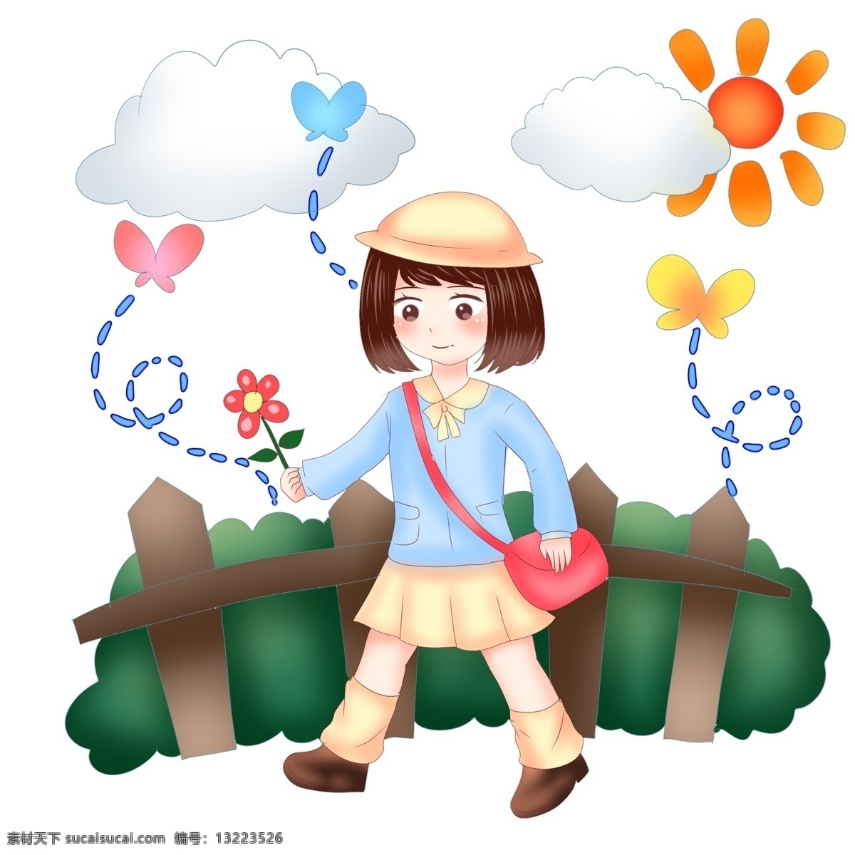 踏青 逛 花园 学生 插画 漂亮的女孩 卡通插画 春游插画 踏春插画 踏青插画 游玩插画 逛花园的学生