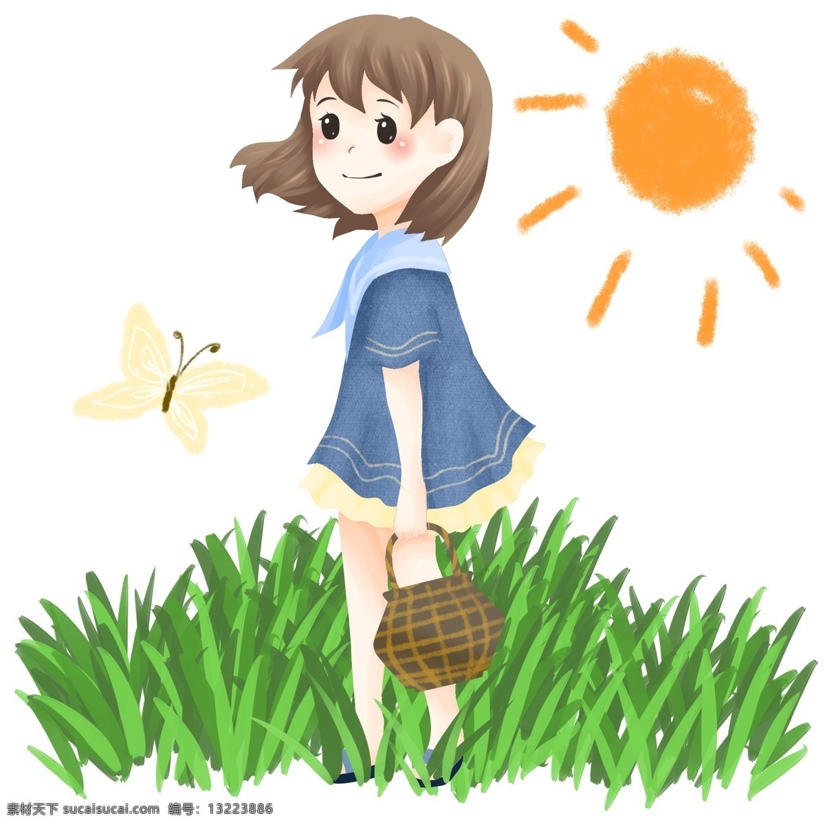 漂亮 小女孩 蝴蝶 黄色的蝴蝶 漂亮的小女孩 黄色的太阳 绿色的叶子 卡通人物 踏青的小女孩
