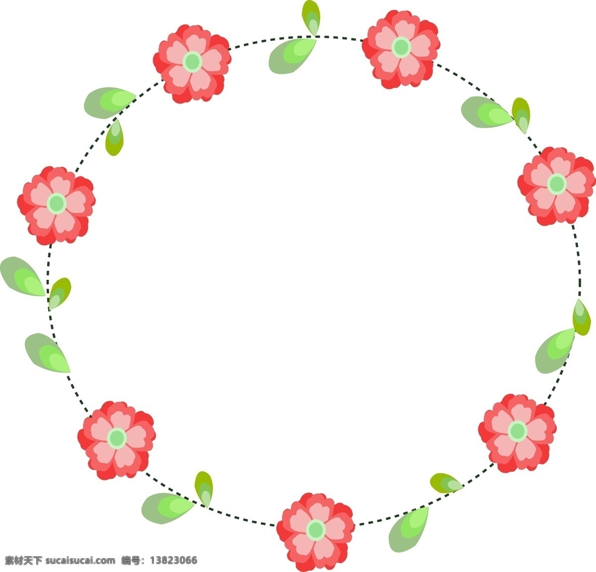红色 花朵 花枝 边框 绿叶 圆形边框