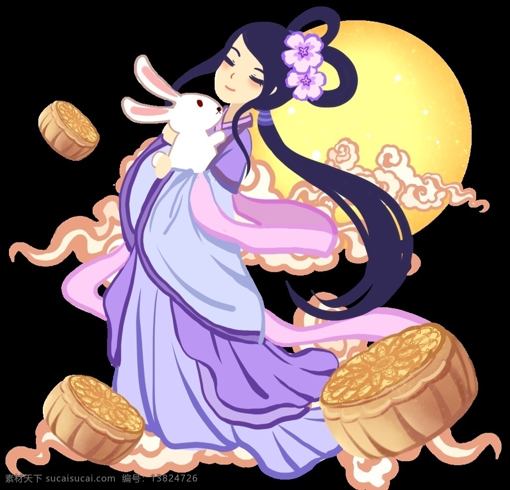嫦娥图片 插画 手绘 中秋 嫦娥玉兔 月饼 仙女
