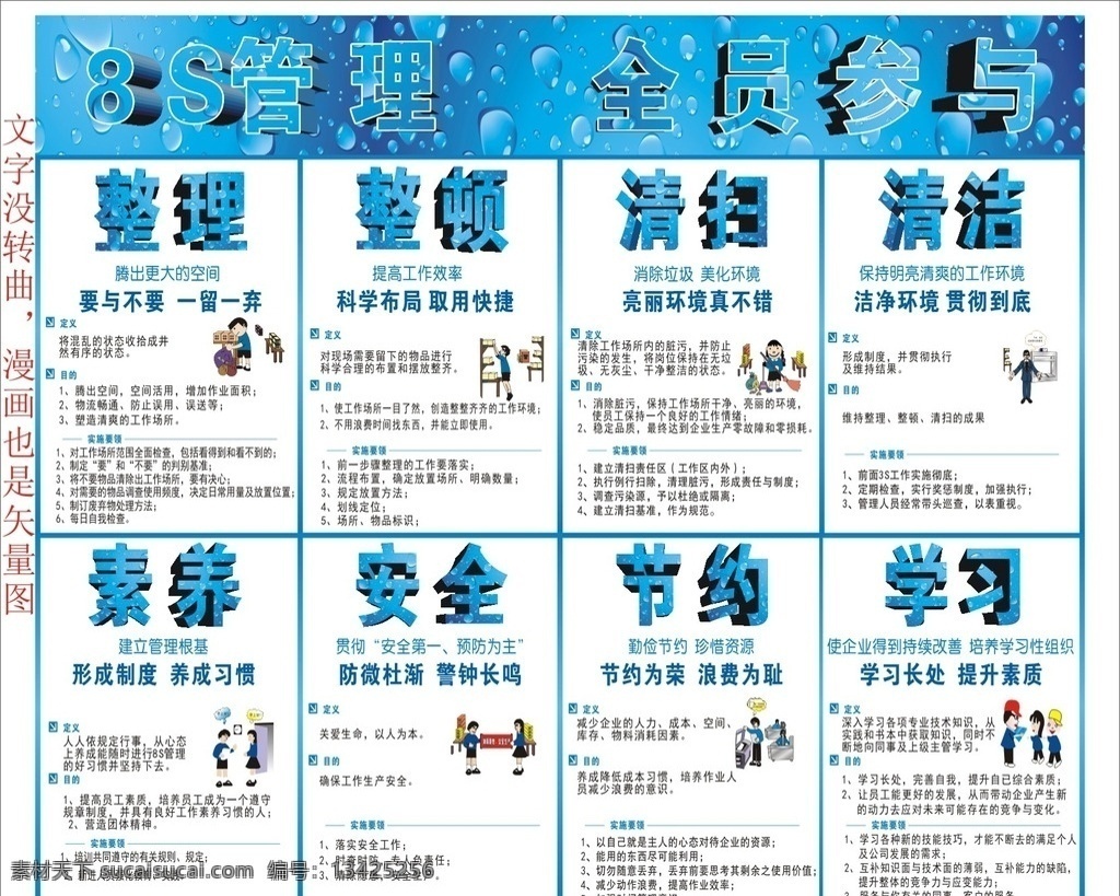 8s管理 8s 8s漫画 安全 节约 学习 整理 整顿 清扫 清洁 素养 招贴设计