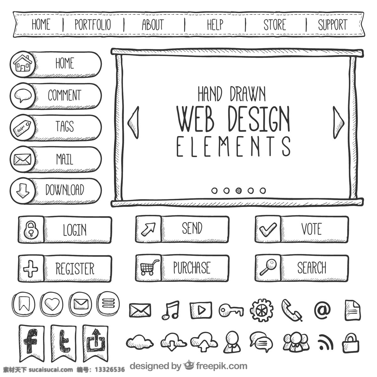 涂鸦 网站 元素 集合 手绘 线框 黑白 web 界面设计 图标按钮