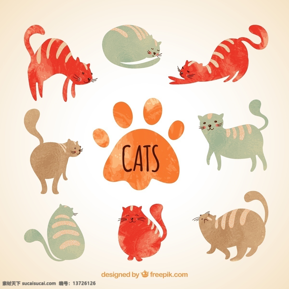 可爱 水彩 猫咪 动物 宠物 小猫 猫 脚印 彩绘 插画 背景 海报 画册 矢量动物 生物世界 家禽家畜 平面素材