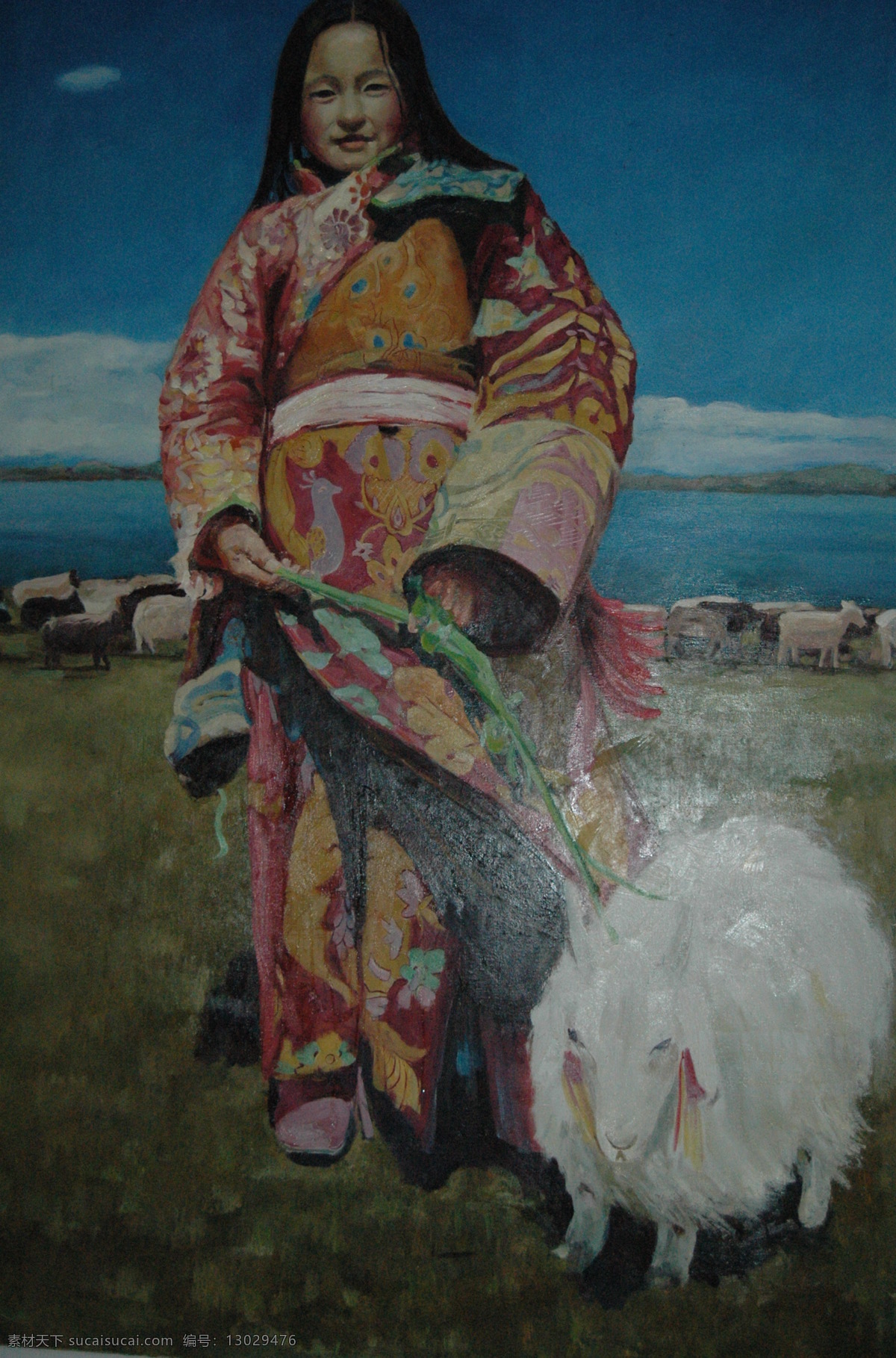 草地 草原 服装 绘画 蓝天 美术 美术绘画 女人 油画 人物图片 油画人物 手工画 人物 皮肤 山羊 少数民族人 天空 衣服 文化艺术 家居装饰素材