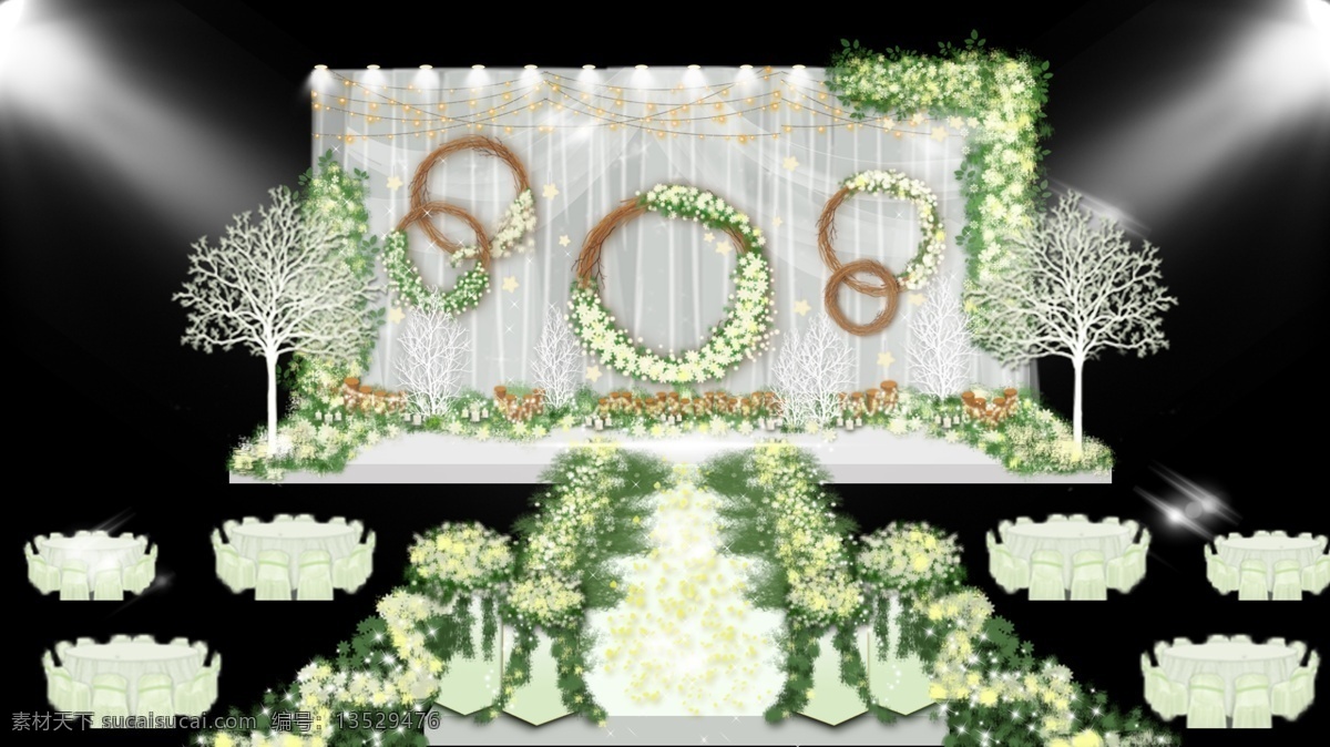 白 绿色 小 清新 婚礼 舞台 白绿 婚礼素材 婚礼效果图 森系小清新 星星灯