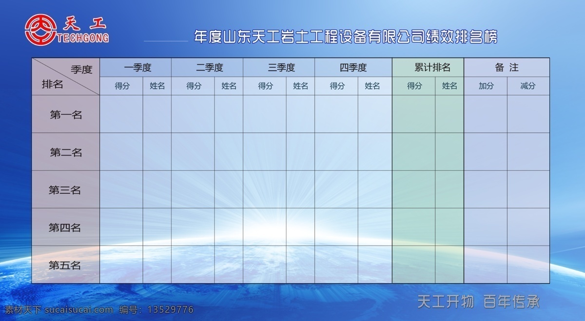 绩效考核表 绩效考核 蓝色 展板 天工 季度考核 地球 表格 展板模板
