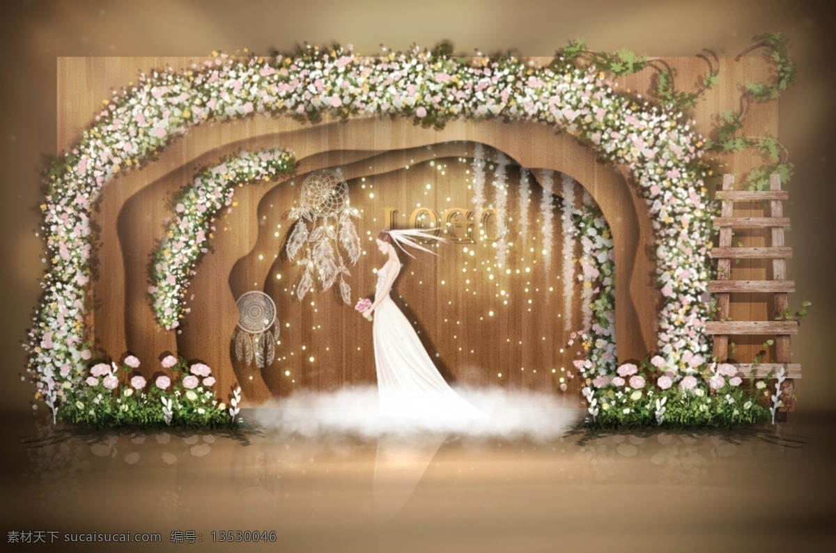 森 系 曲面 层次 婚礼 效果图 木板 木质纹理 婚礼效果图 梯子 森系 多层次
