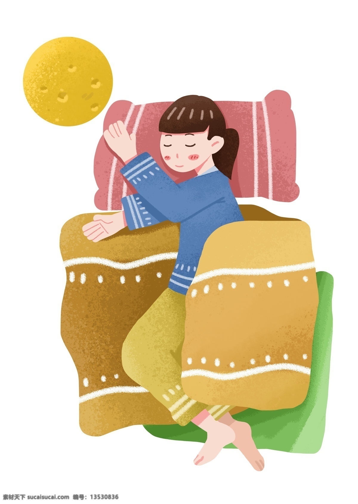 世界 睡眠 日 睡觉 小女孩 插画 睡觉的小女孩 黄色被子 卡通插画 创意节日 可爱