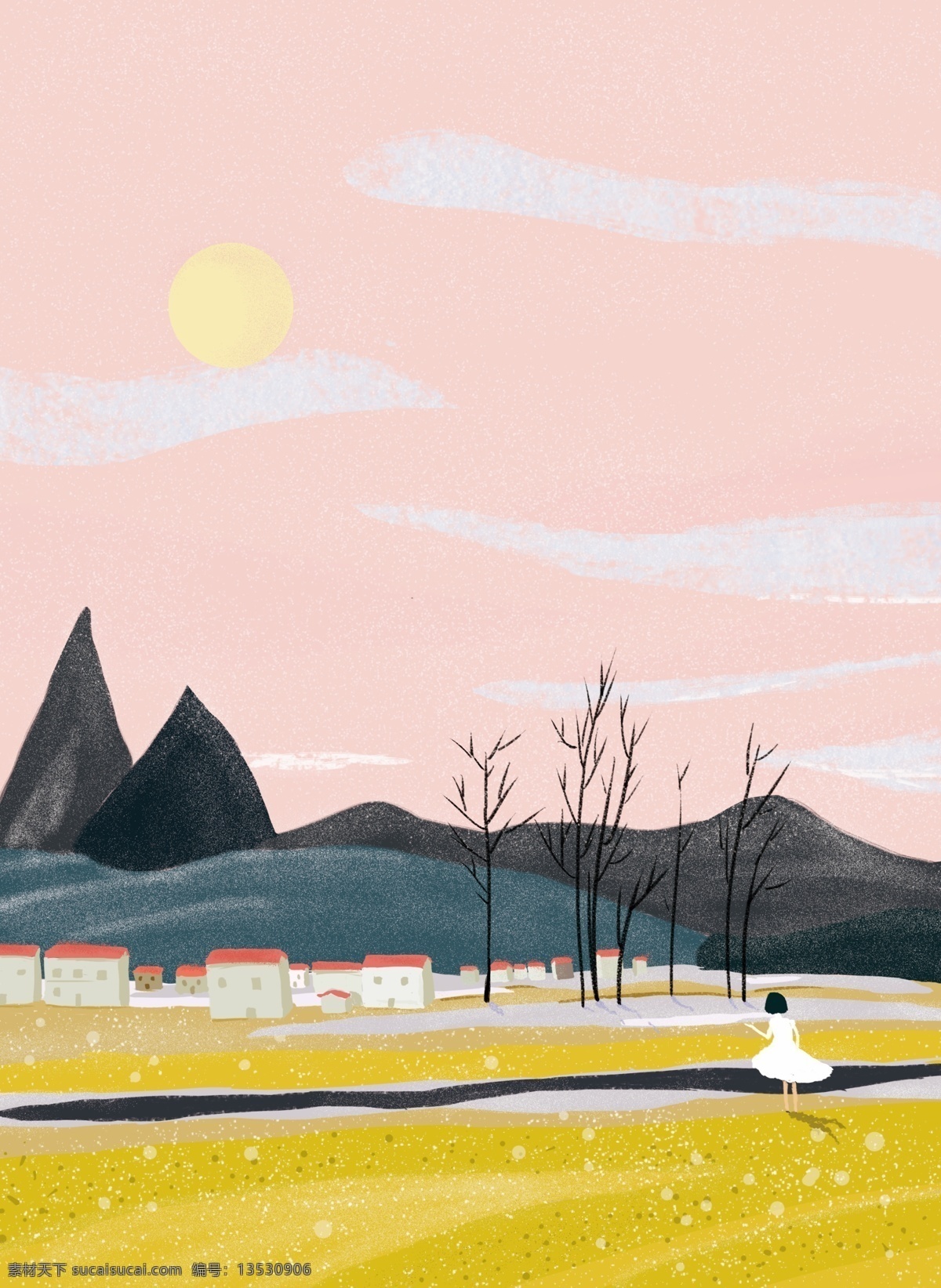 粉色 小 清新 风景 插画 小女孩 村庄 天空 大山 唯美