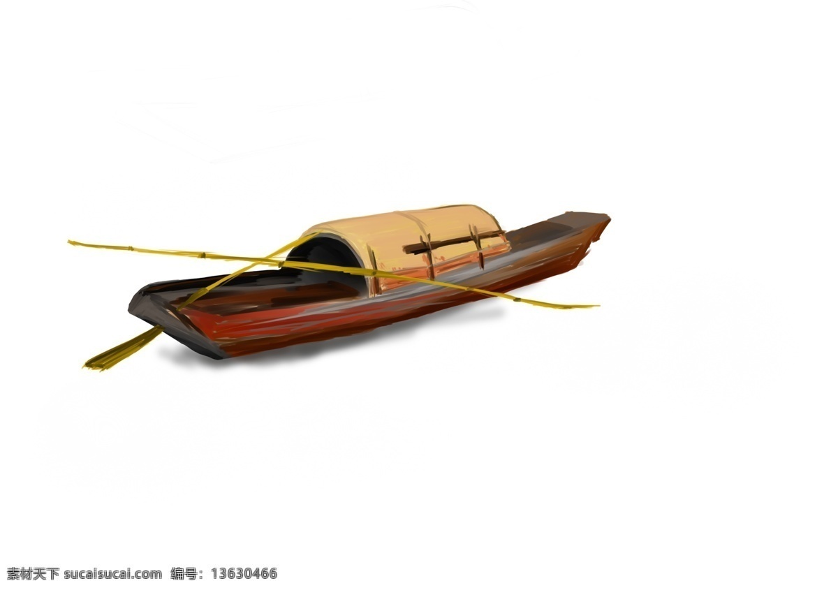 手绘 风 小船 装饰 元素 渔船 木船 手绘风 红木船 渔民用具 交通工具 红黄色调 唯美意境 带棚子的小船