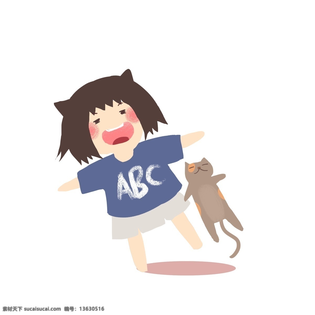 猫咪 玩耍 小女孩 微笑 笑容 笑脸 小猫 女生 女孩 动物 铲屎官 可爱 q版 卡哇伊 小确幸 简单