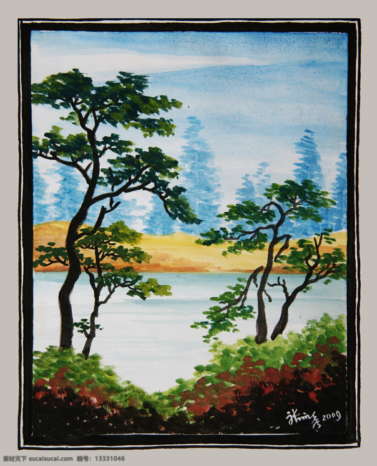 大树 风景画 河岸 河流 绘画书法 书画 水彩画 河岸设计素材 河岸模板下载 张永秀 张永 秀 文化艺术 装饰素材 山水风景画