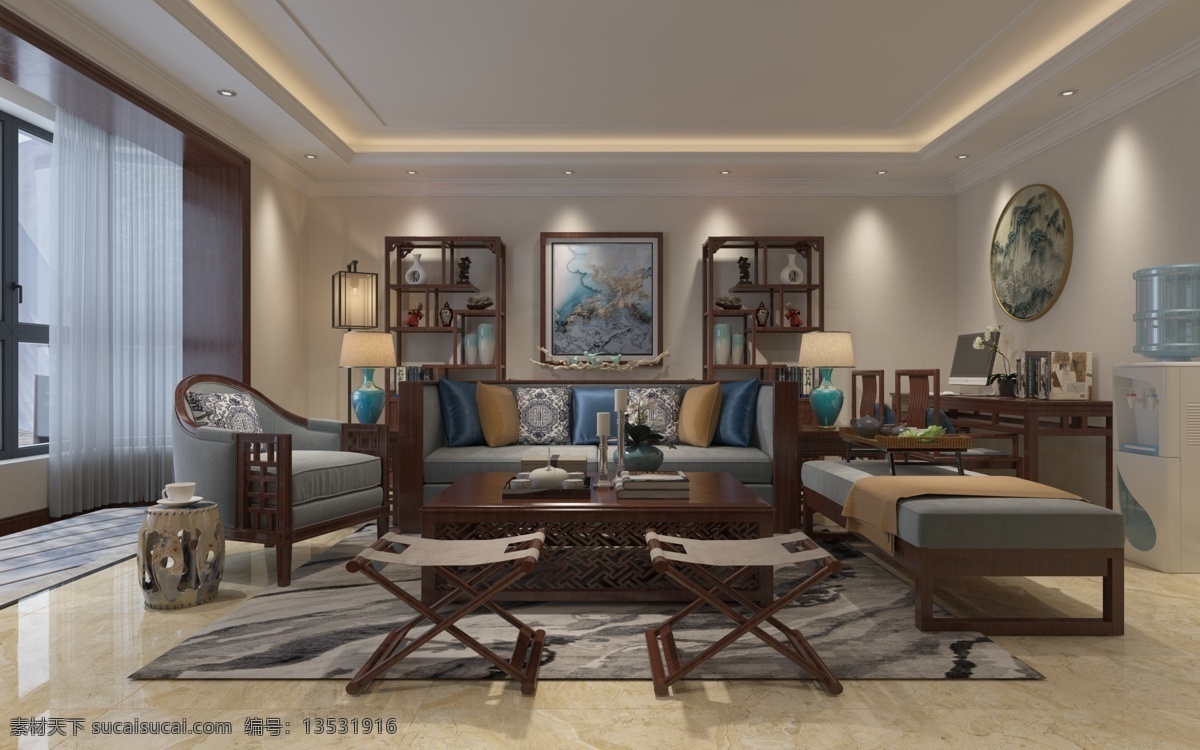 新中式 客厅 渲染图 三维 合成用 室内设计 3d设计 3d作品