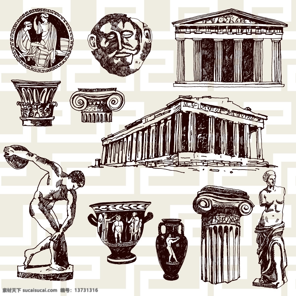 复古 建筑 希腊 元素 矢量 矢量素材 设计素材 背景素材 手绘