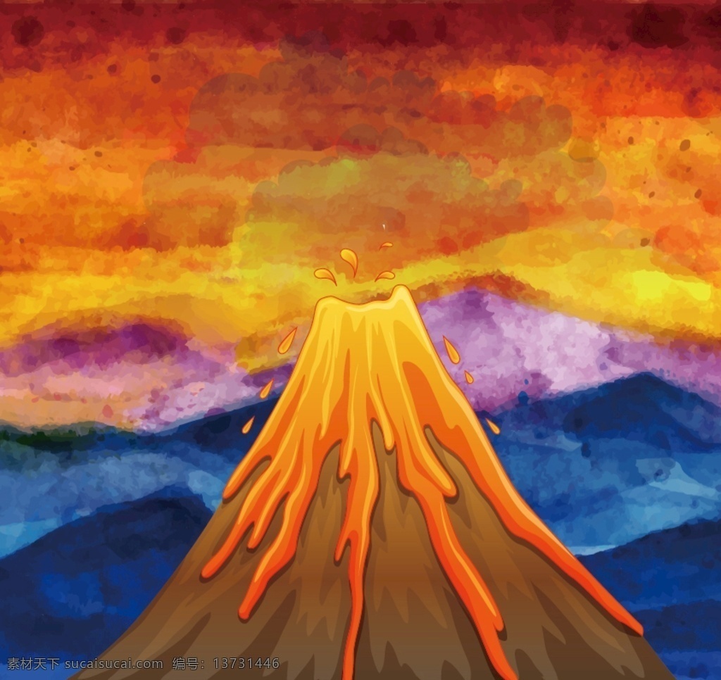 夕阳 下 山脉 火山 爆发 夕阳下 火山爆发 水彩绘 水彩风格 水彩 大自然 自然风光风景 自然现象 火山活动 活火山 自然灾害 火山灾害 火山口 流淌出的岩浆 熔岩 山川冰河火山 风景 自然 火山喷发 岩浆 浓烟滚滚 矢量图素材