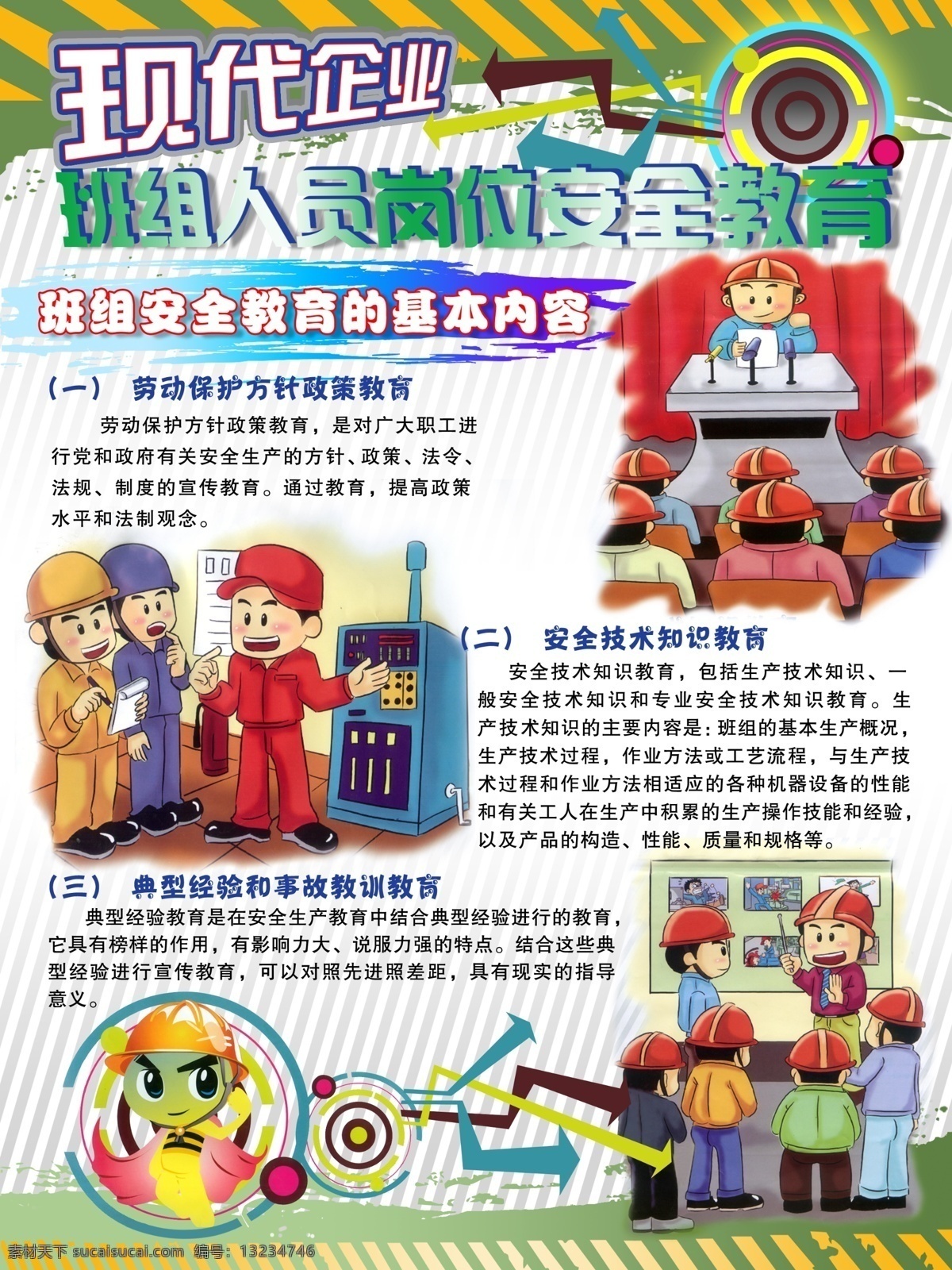现代 企业 班组 人员 岗位 安全 教育 基本 内容 底纹 卡通人物代表 漫画 宣传海报 挂画 展板 展板模板 广告设计模板 源文件