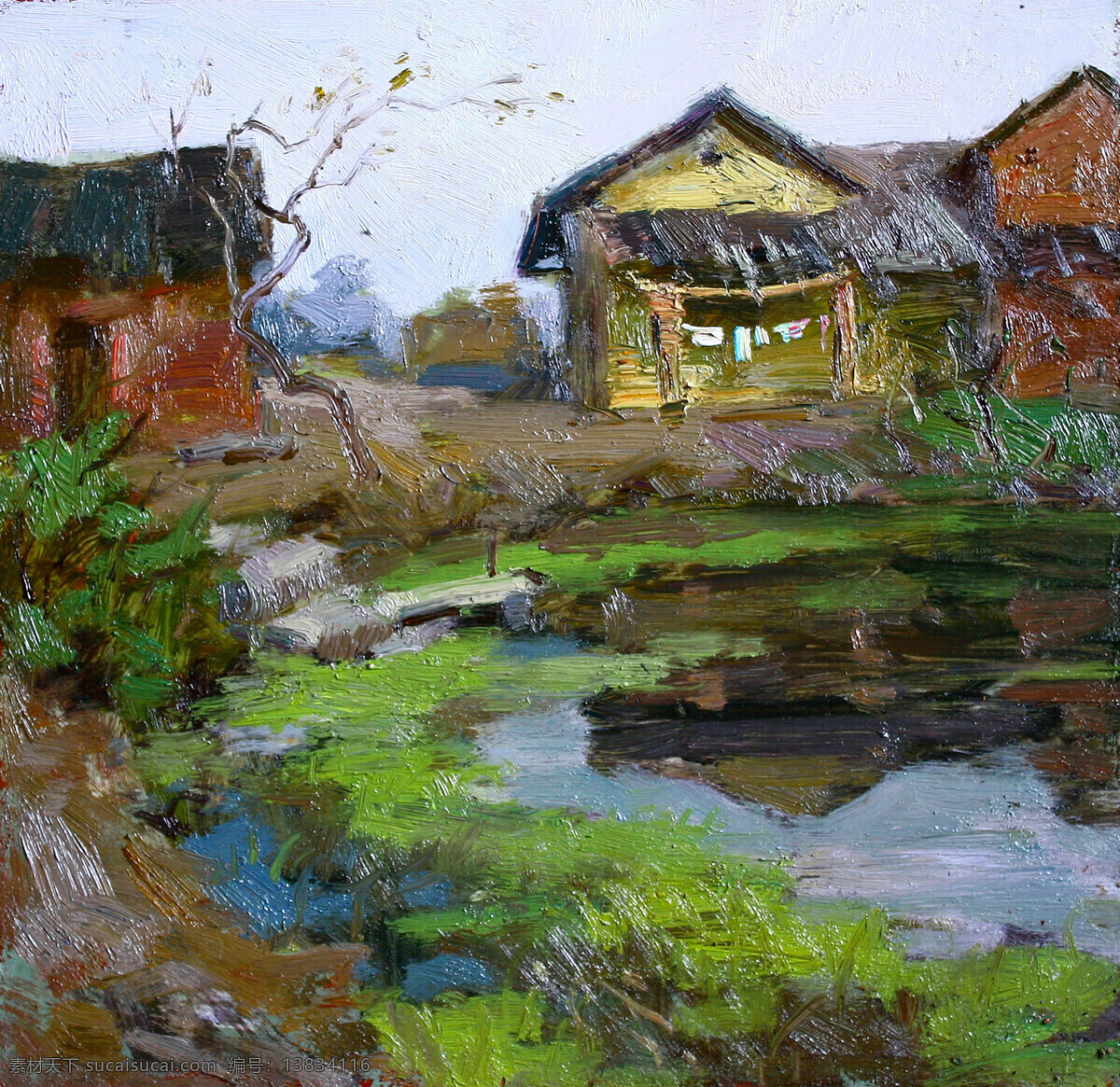 房屋 风景画 绘画书法 美术 农家 水塘 文化艺术 村 中风 情 设计素材 模板下载 村中风情 油画 乡村 植物 草木 油画艺术 油画作品52 家居装饰素材