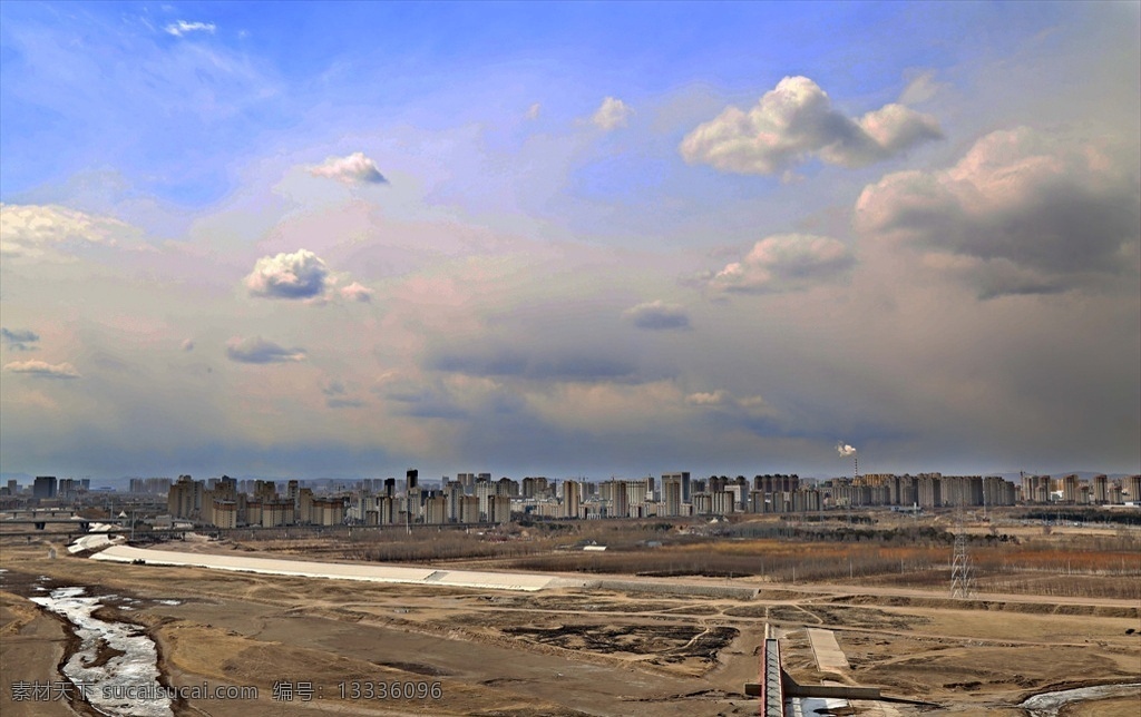 朵朵 云彩 下 城市 蓝天 白云 河流 大坝 自然景观 建筑景观