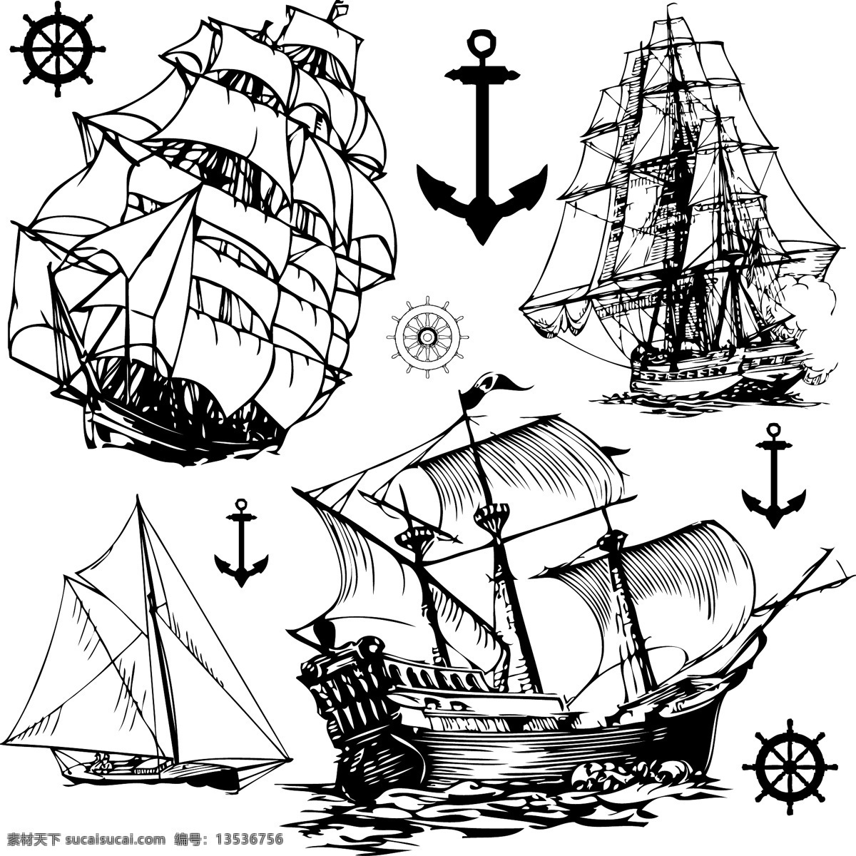 欧式 帆船 船舵 船锚 欧洲元素 水波 欧式帆船 传 矢量图 其他矢量图