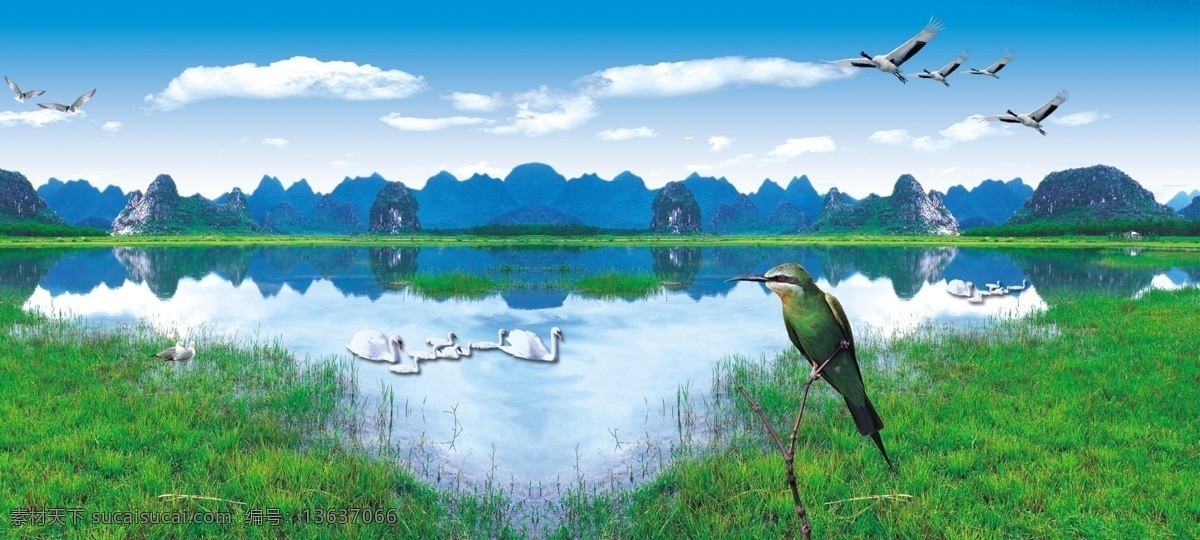 蓝天 白云 草地 背景 远山 风景