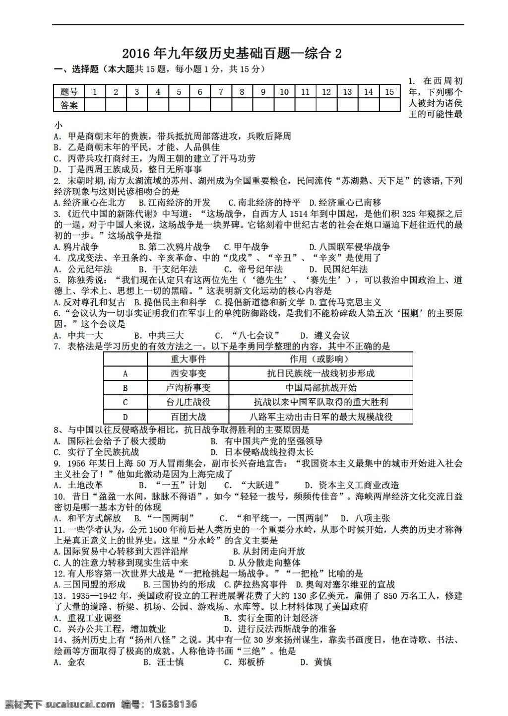 中考 专区 历史 2016 年 江苏省 扬州市 复习 基础 训练 题 综合 二 北师大版 中考专区 试题试卷