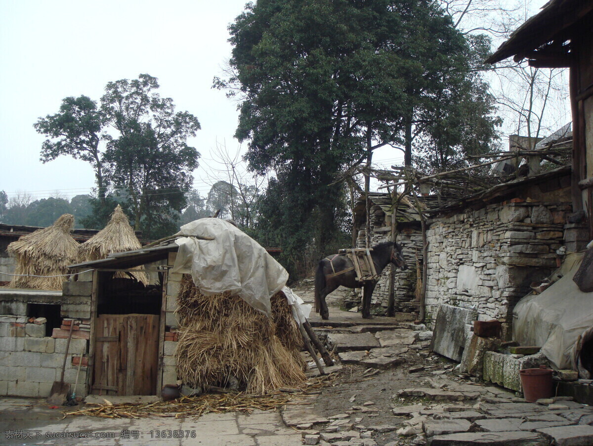 农家小院 石墙 石板房 草垛 农村 乡村 贵州 少数民族 建筑景观 自然景观