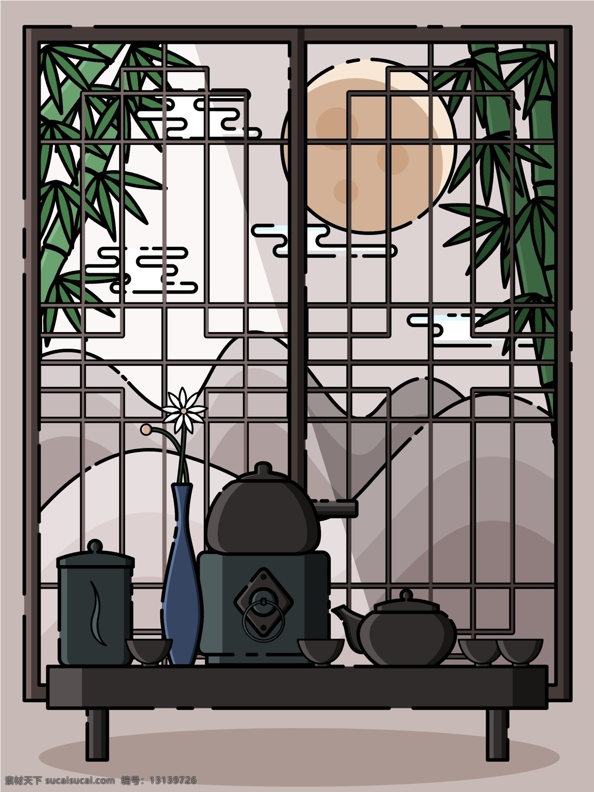 mbe 茶道 禅意 古风 竹子 茶壶 矢量 插画 小 清新 矢量插画 小清新 低饱和度配色 复古 国风 古代 家居 茶具 杯具