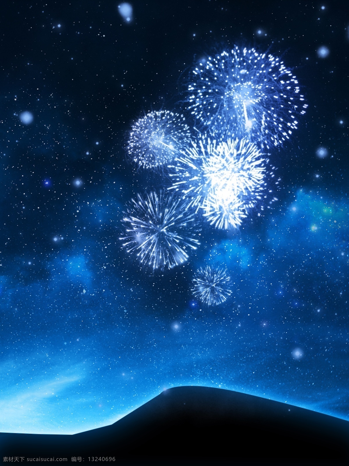 原创 蓝色 唯美 浪漫 烟花 夜空 背景 夜空背景 烟花背景 蓝色背景 山峰背景 扁平插画