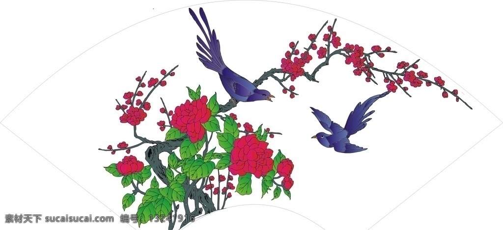 双喜齐眉 喜鹊 梅花 矢量图 扇形