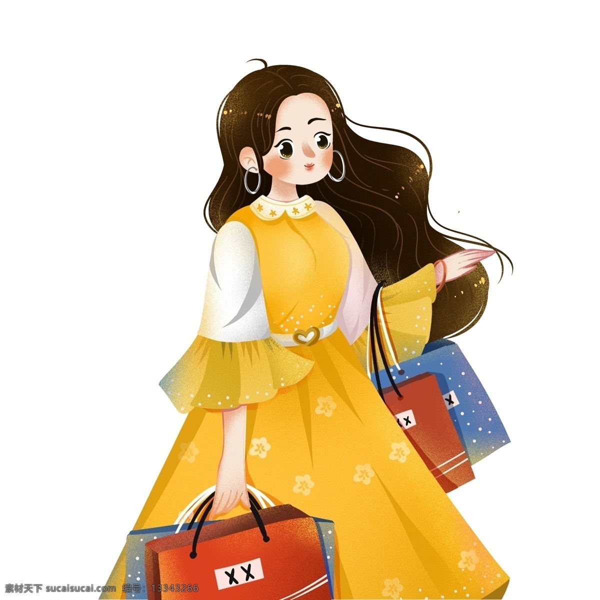 唯美 手绘 购物 女孩 人物 女人 购物袋 插画 妇女节