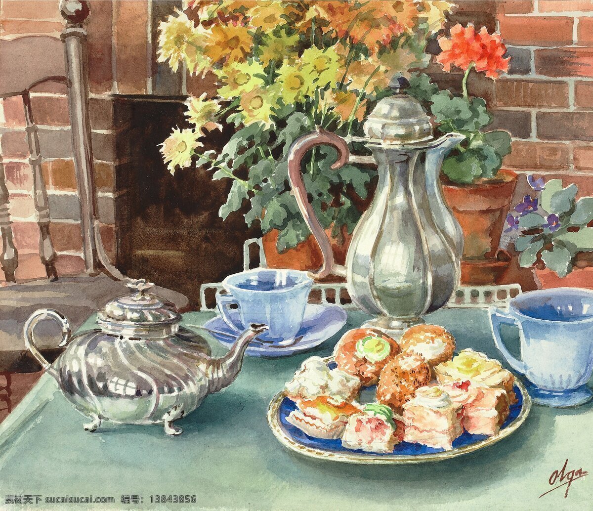 杯 蛋糕 绘画书法 咖啡壶 文化艺术 鲜花 油画 静物 设计素材 模板下载 静物鲜花 20世纪油画