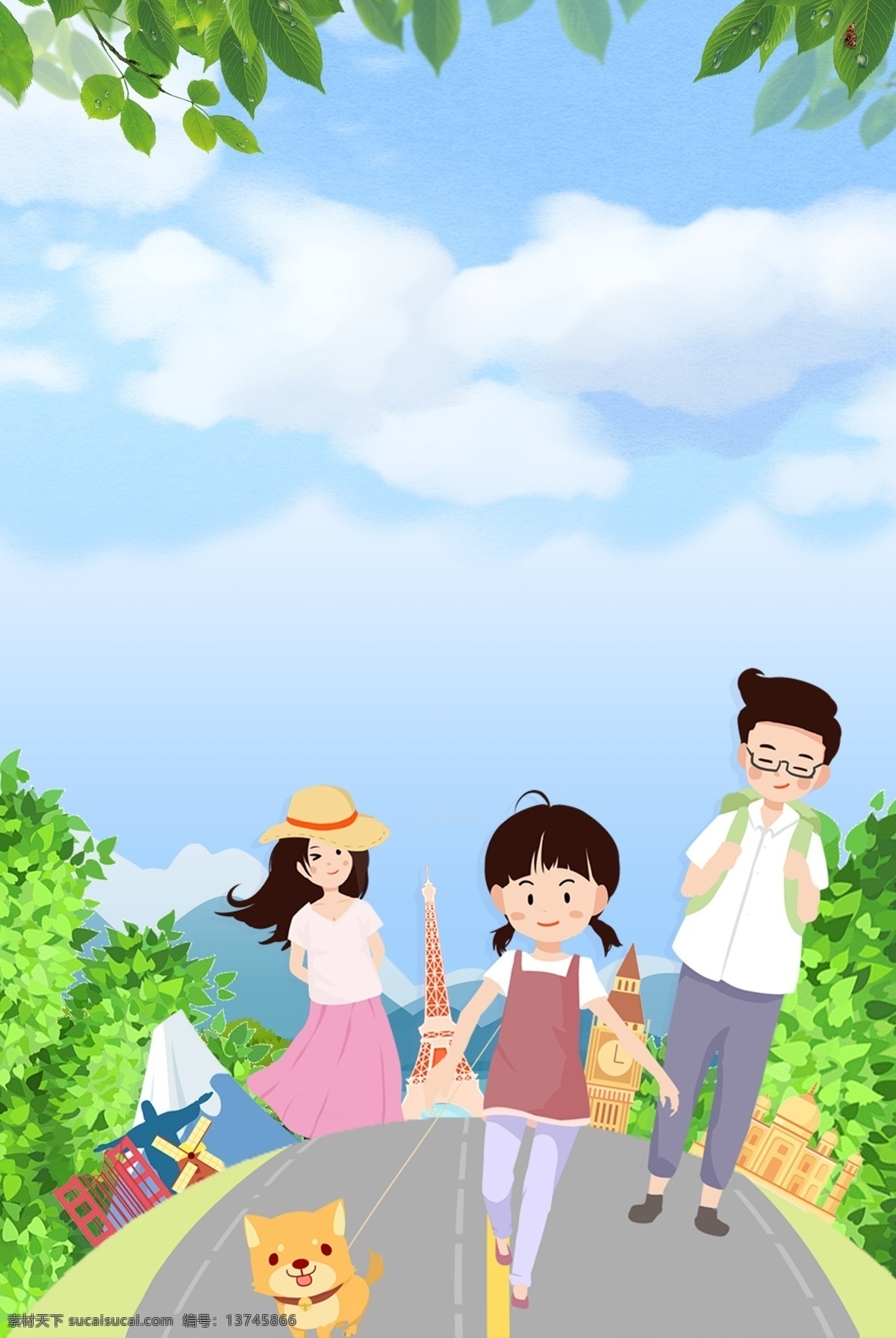 创意 春季 全家 旅游 合成 背景 简约 环球 景点 绿色 国外游 天空 卡通