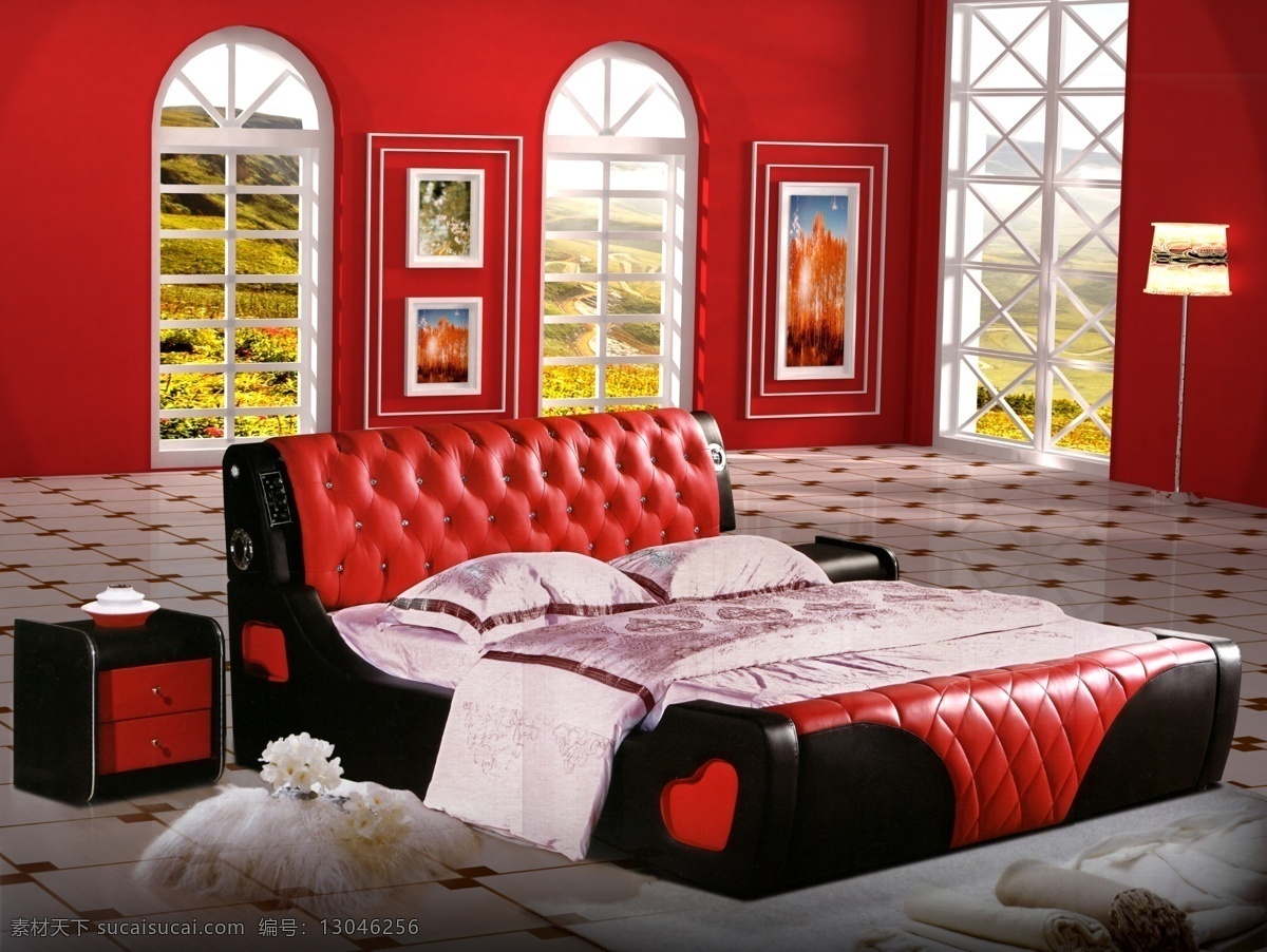 分层 背景 窗户 床单 灯 地板 红色 画 软体 床 背景图片 模板下载 家具画册背景 软体床 皮床 红色床 休闲床 墙 画框 源文件 装饰素材 灯饰素材