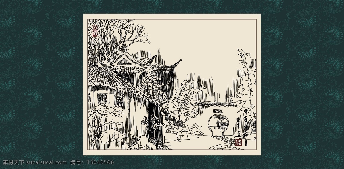 江南小镇 绘画 白描 线描 手绘 国画 轮廓 印章 书法 装裱 植物 工笔 写实 写生 毛笔画 白描建筑 文化艺术 绘画书法