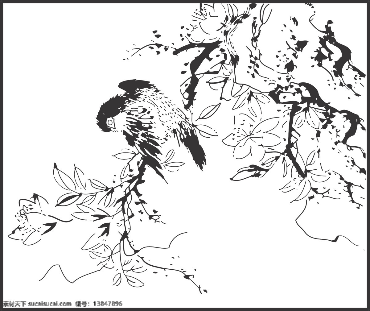 植物 花卉 观赏 鸟儿 装饰 线条 矢量 插画 白描 花鸟白描图 生物世界 鸟类