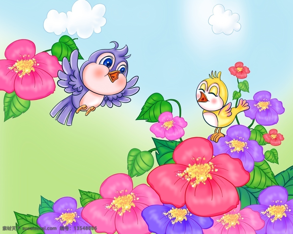 插画 插图 春天 电脑手绘 广告设计模板 花 花朵 可爱 小鸟 鲜花 图书插图 手绘 其他模版 源文件 插画集