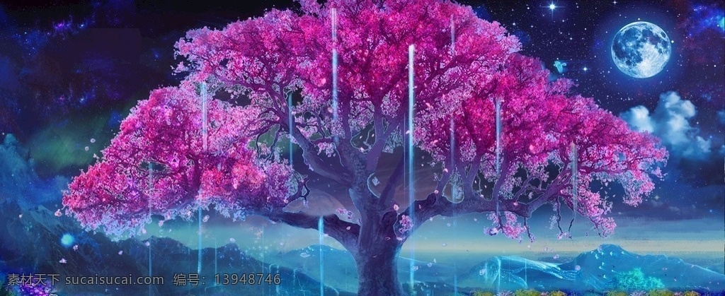 美术概念图 星空 梦幻大树 夜色 粒子流下 粉色大树 文化艺术 影视娱乐